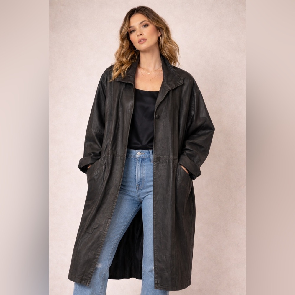 Vintage Women’s Black Leather Trench Coat Gino di Giorgio COMINT Long Jacket LG
